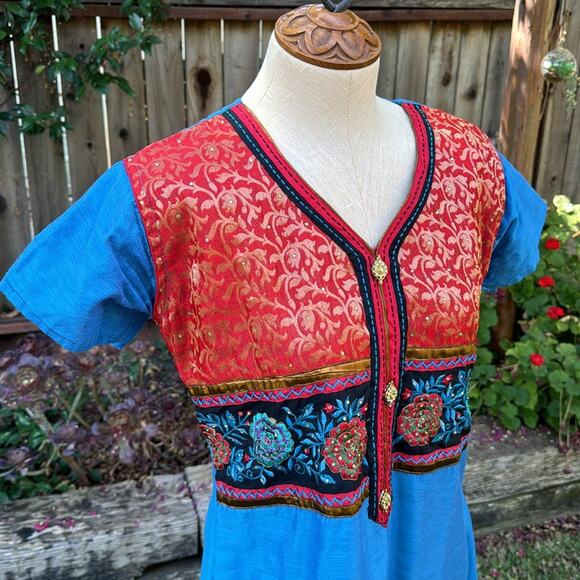 Indian Turquoise Georgette Rhinestone Vintage Dress Women's size XL - Picture 2 of 13